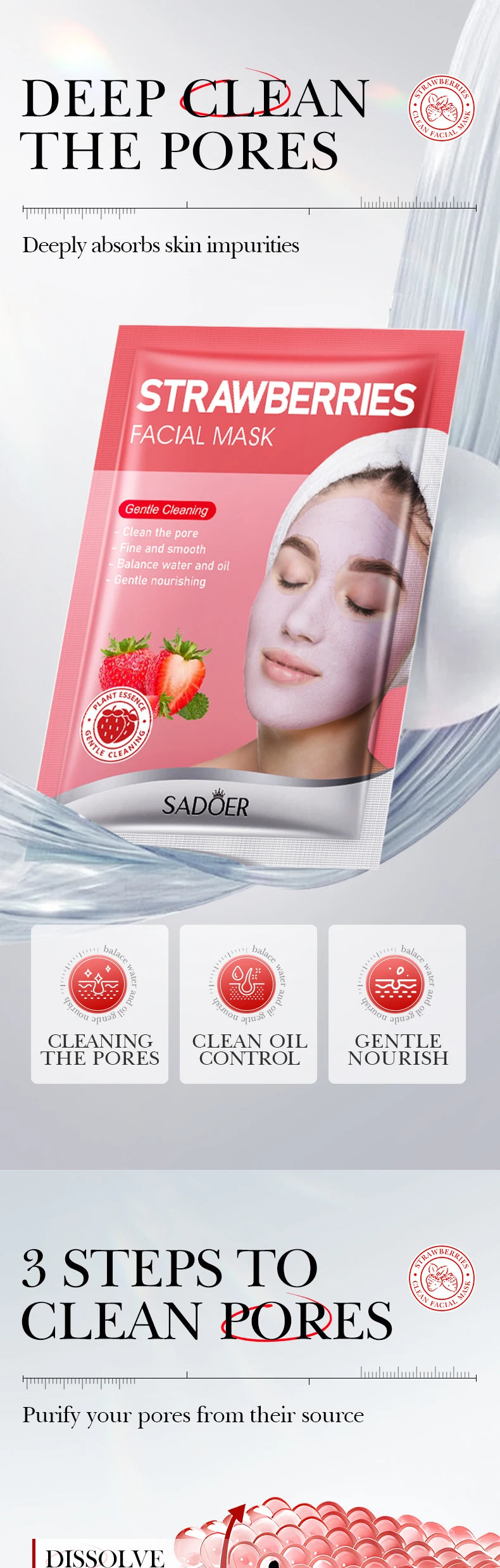 5pcs SADOER Strawberry Face Mask Mud Masks Facial Moisturizing Blackhead Removal Clay Skin Care Products