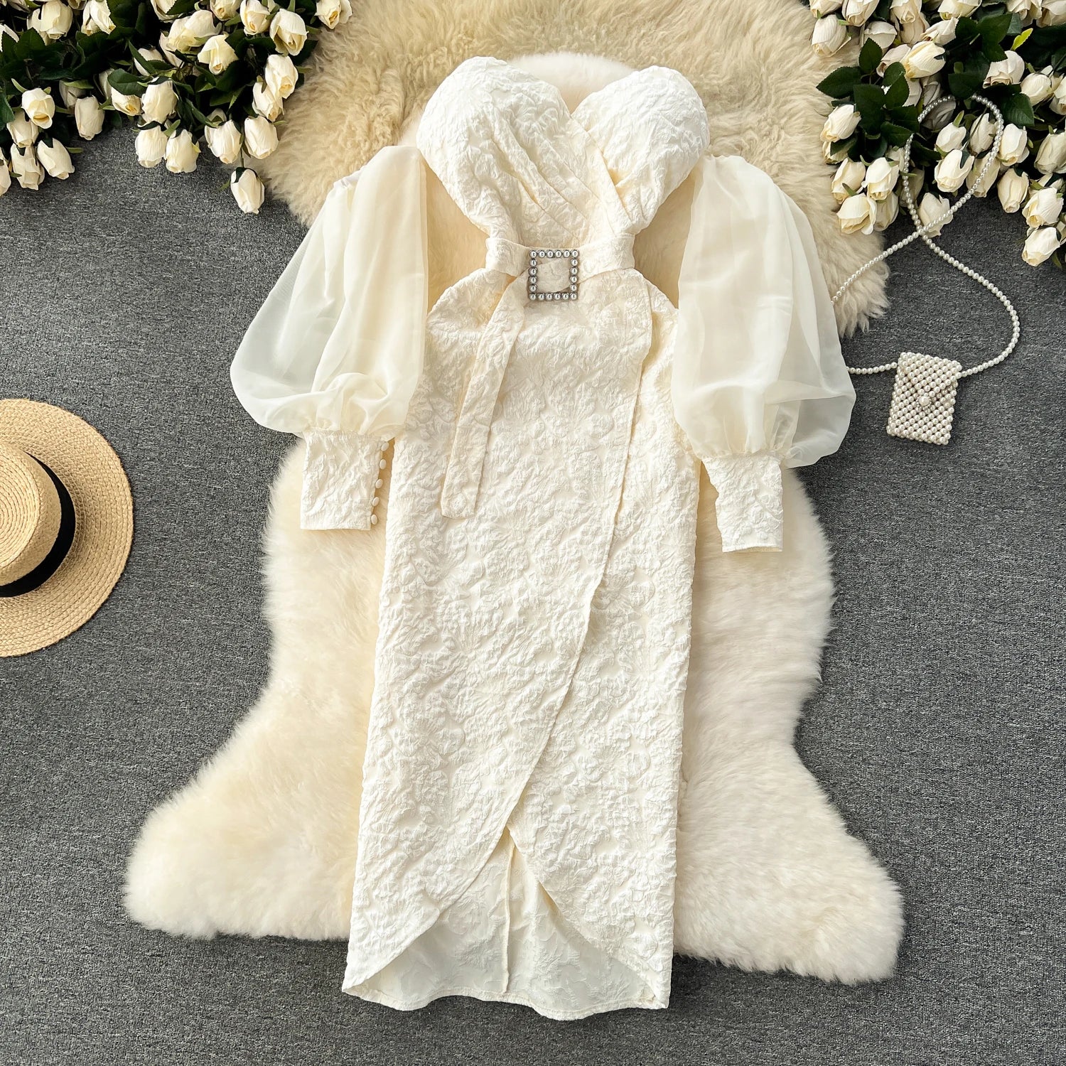 Vintage Chic Sequin Bishop Sleeve Off-Shoulder Slim Tube Dress