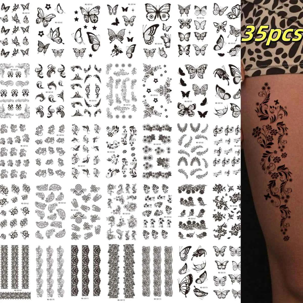 35pcs Realistic Peony Rose Temporary Tattoo Deer Crescent Floral Body Art Waterproof Stickers Lasting Arm Leg Hand Neck Tattoos*