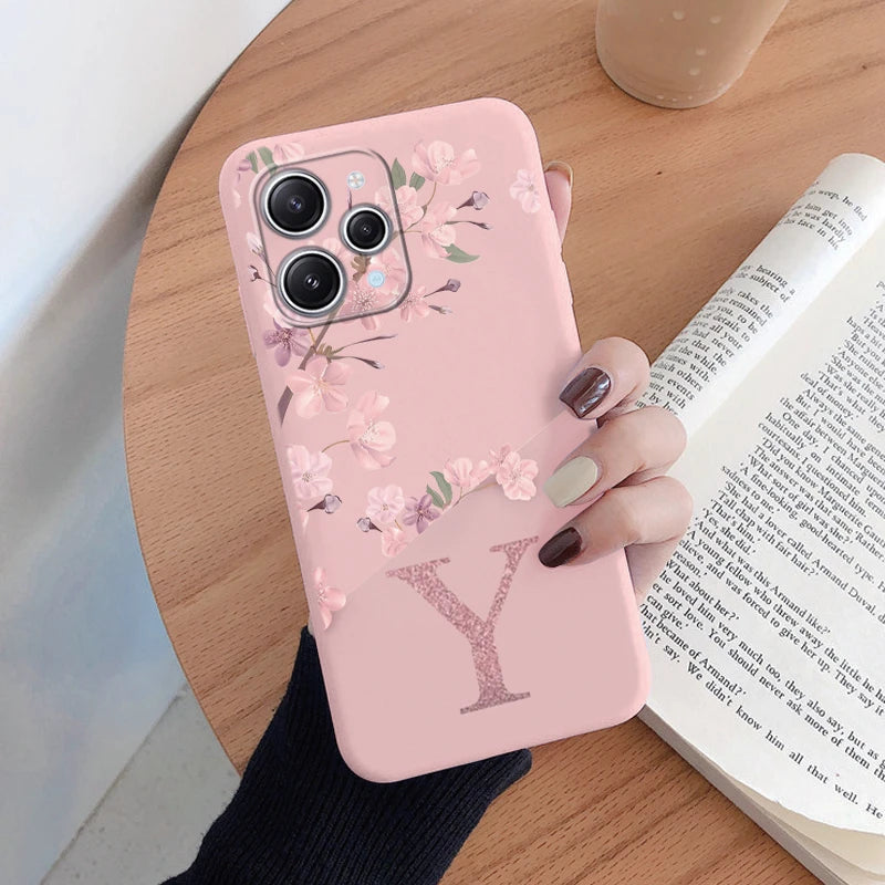 Redmi 12 Note 14 Pro Silicone Phone Case - Pink Floral Design with Personalized Initial A-Z - Stylish & Protective Cover