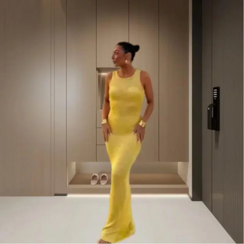 Women Sexy Yellow Glitter Splicing Square Neck Long Dress Casual Slim Sleeveless Sling Maxi Dresses Female Summer Holiday Robes