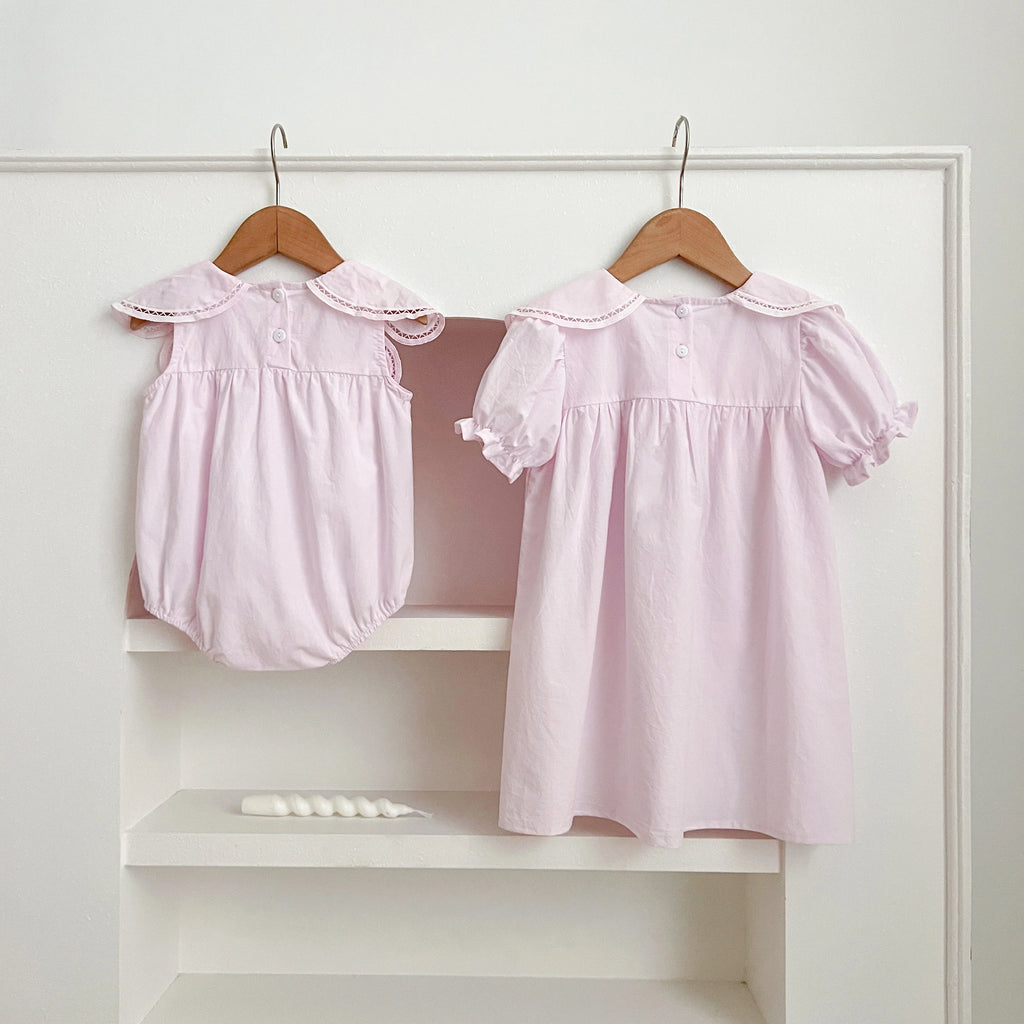 Sisters Dress Summer Kids Princess Dresses Short Sleeved Cotton Solid Color Splicing Infant Baby Romper Baby Girl Party Dress