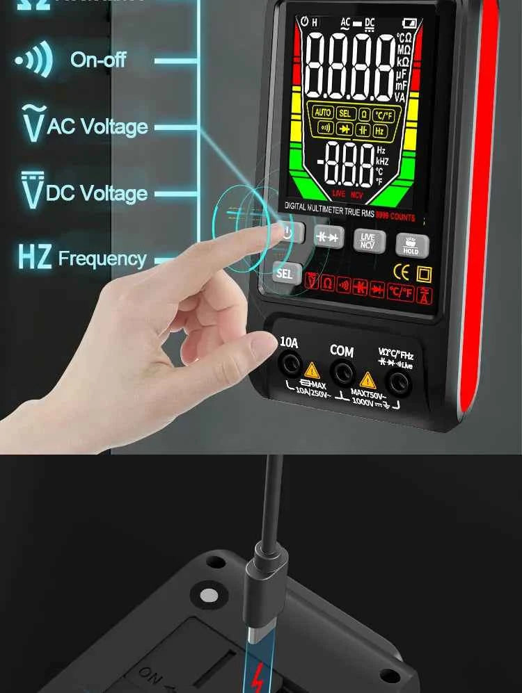 SmartTech USB Rechargeable Digital Multimeter - True RMS, AC/DC Current, Capacitance, Temperature, Auto Range