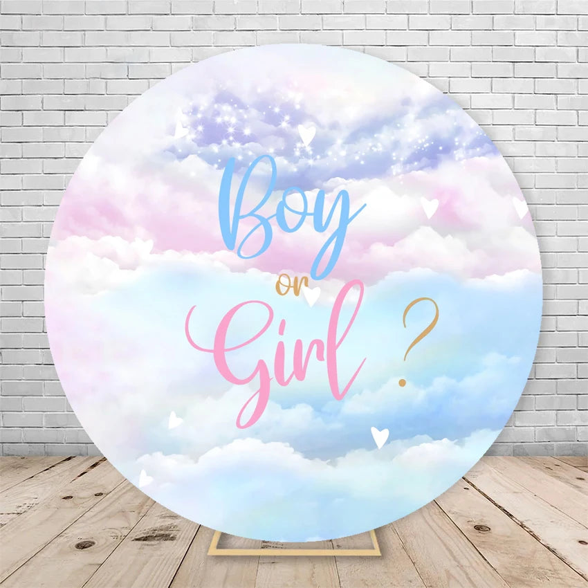 Gender Reveal Backdrop Round Cover Watercolor Cloud Bear Party Decor He or She Oh Baby Shower Photography Background Elasticity
