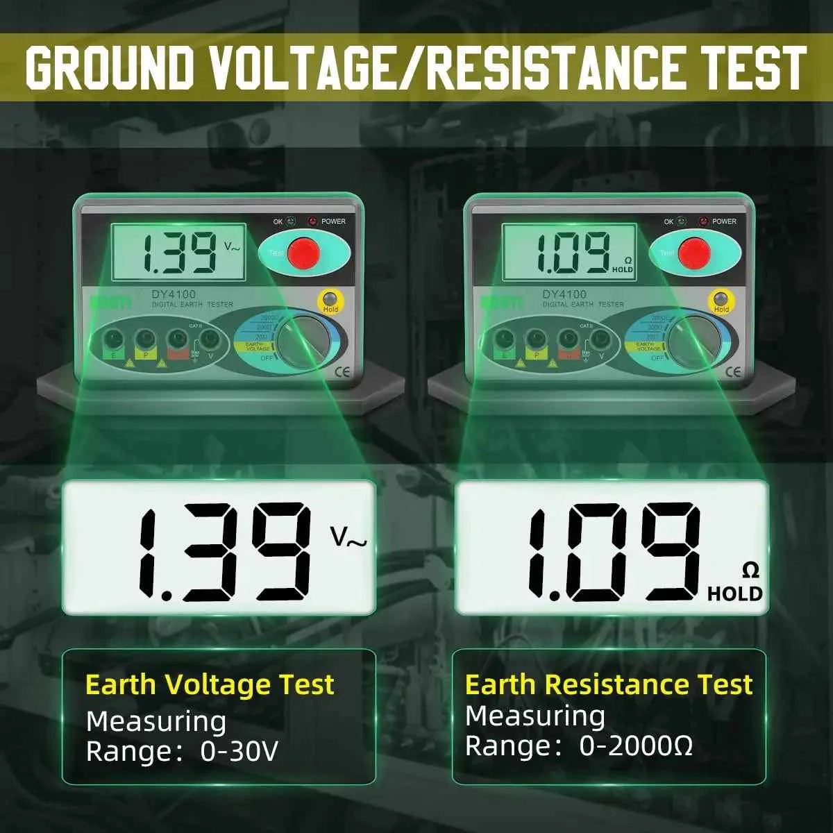 Digital Earth Ground Resistance Tester,0-2000 ohm Meter Earth Resistance Tester,Overload Protection AC Ground Voltage Meter