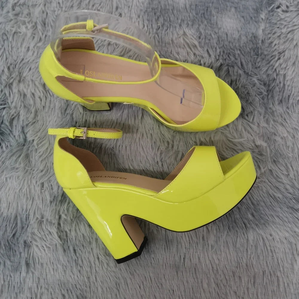 Women Sandals 2026 Summer Ankle Strap Pumps Colourful Sexy Peep Toe Square High Heels Flock Platform Wedding Pole Dancing Shoes