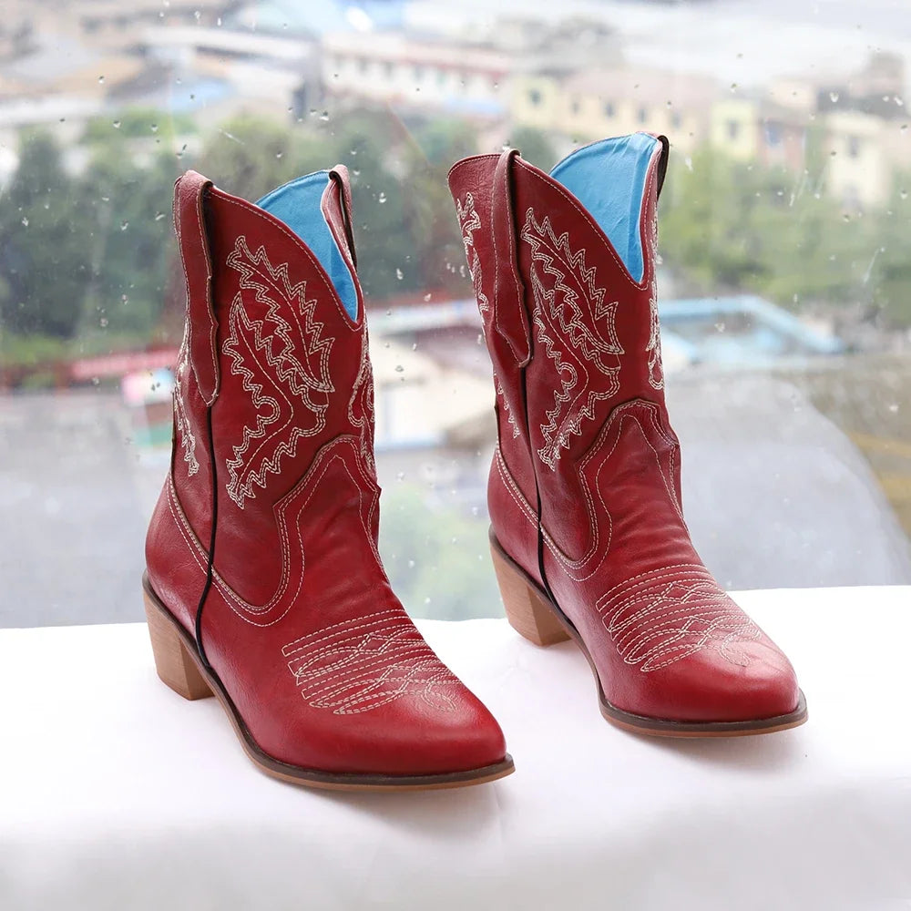 Women Cowboy Boots Luxury Embroidery Pointed Toe Winter Boots Ladies Shoes Comfortable Designer Botas Outdoor Skidproof Wearable