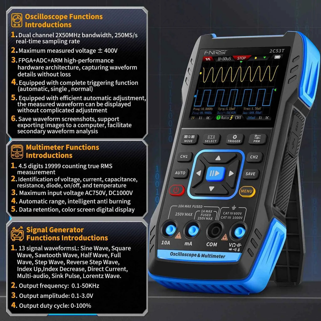 FNIRSI Handheld 50MHz Dual Channel Oscilloscope & Multimeter - 3-in-1 Automotive Signal Generator