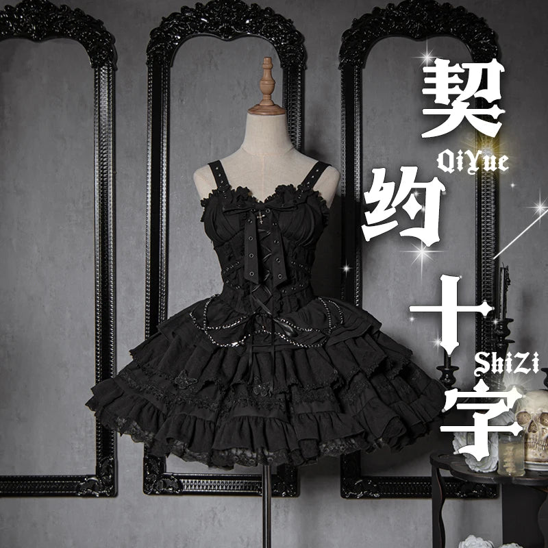 Gothic Lolita JSK Dress with Bow & Spaghetti Straps - Chic Mini Dress & Waistcoat Set for Sweet Style