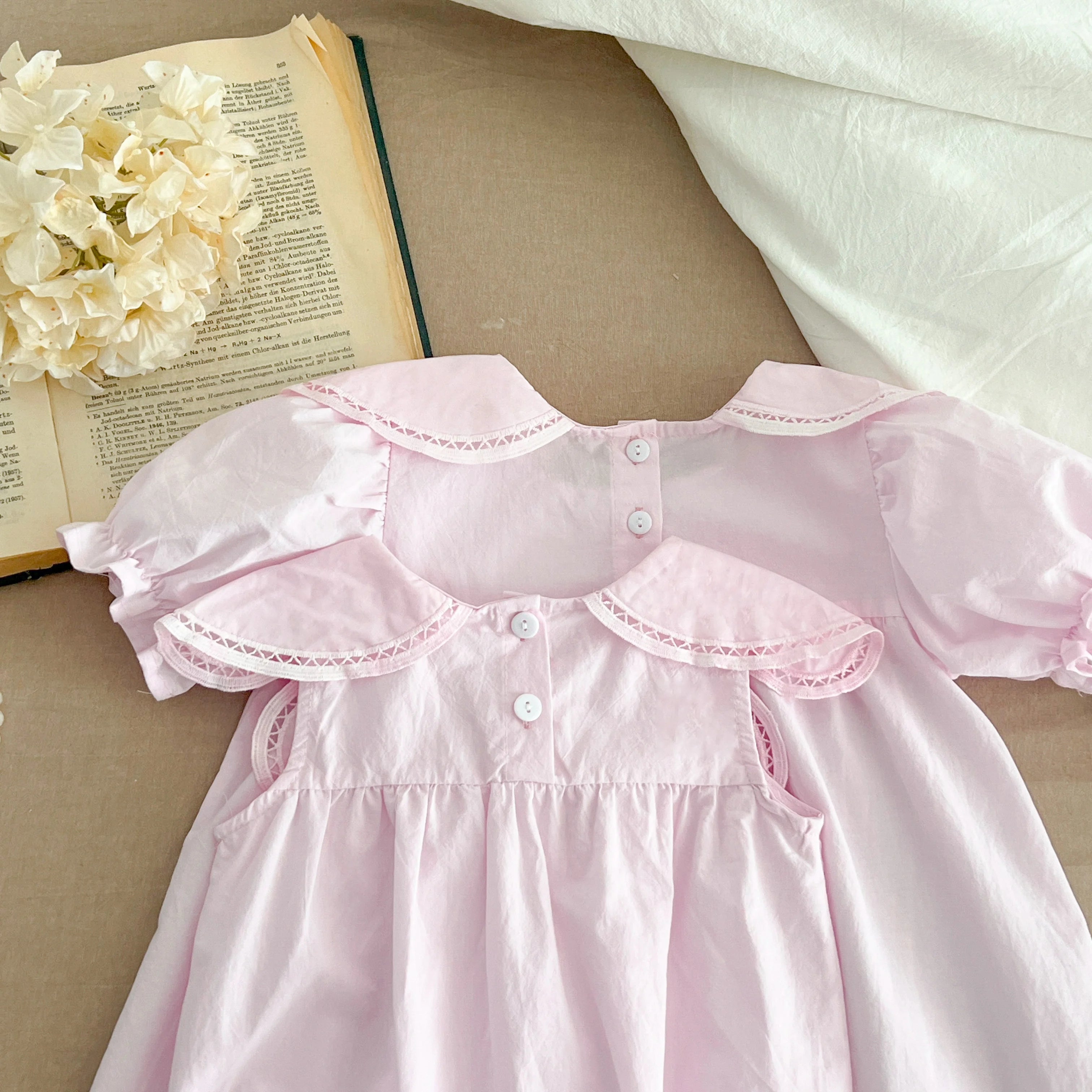 Sisters Dress Summer Kids Princess Dresses Short Sleeved Cotton Solid Color Splicing Infant Baby Romper Baby Girl Party Dress