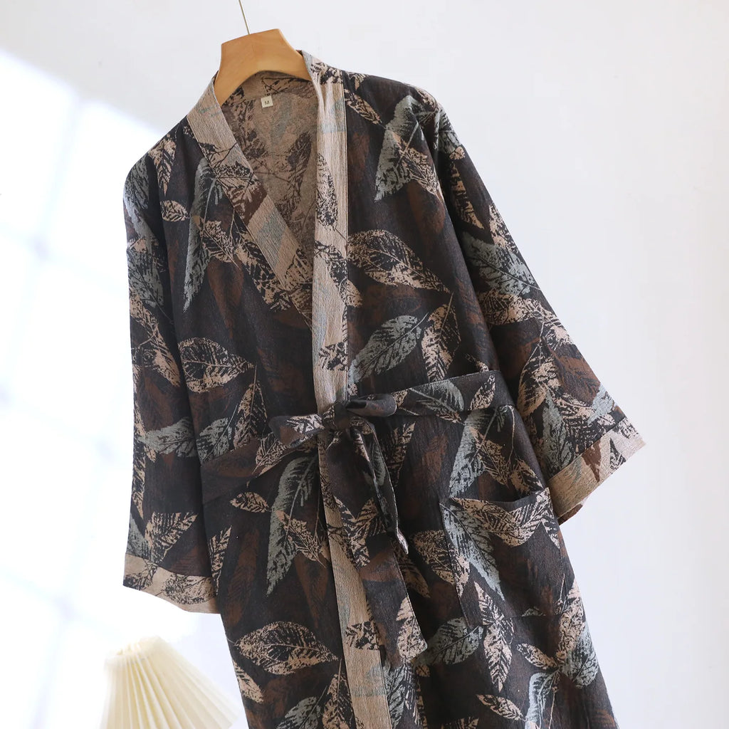 Men's Cotton Crepe Pajamas Robe Japanese Kimono Cardigan Print Sleepwear V-Neck Gauze Comfort Bathrobe Homewear for Men