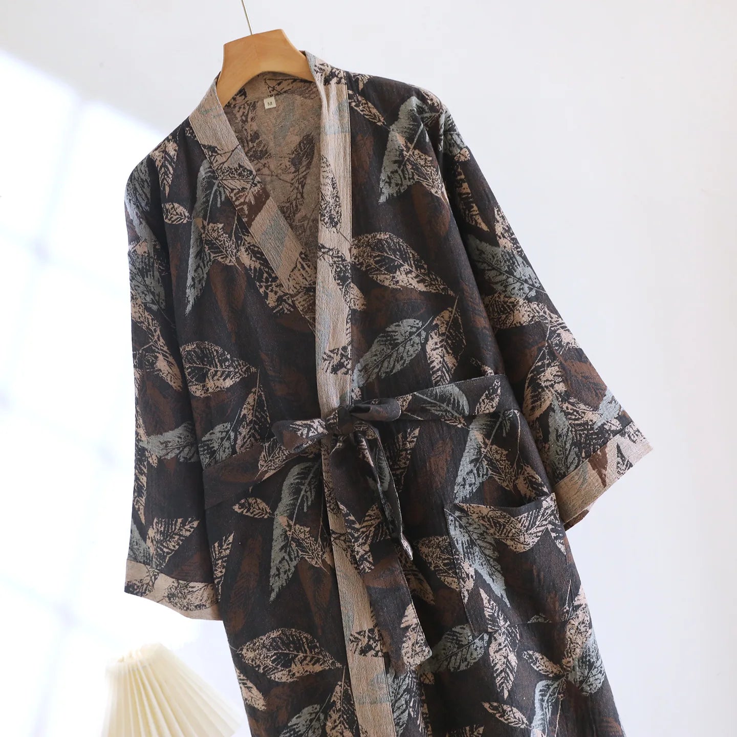 Men's Cotton Crepe Pajamas Robe Japanese Kimono Cardigan Print Sleepwear V-Neck Gauze Comfort Bathrobe Homewear for Men