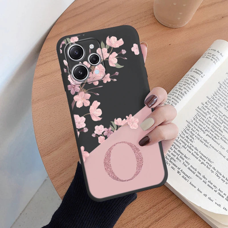 Redmi 12 Note 14 Pro Silicone Phone Case - Pink Floral Design with Personalized Initial A-Z - Stylish & Protective Cover
