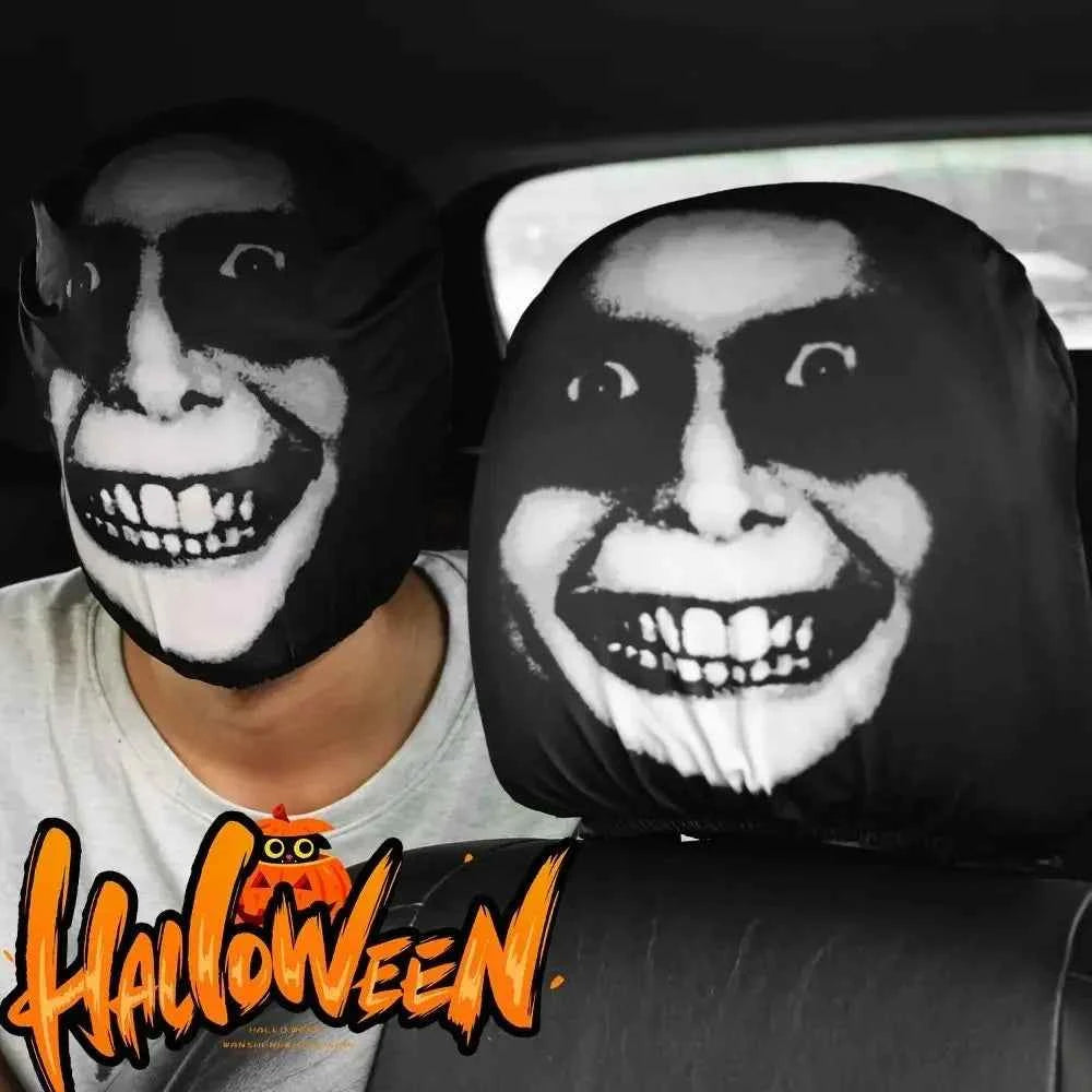 2Pcs Universal Car Seat Cover Black Skull Pattern Breathable Headrest Cover Dust-proof Elastic Car Seat Headrest Interior Decor