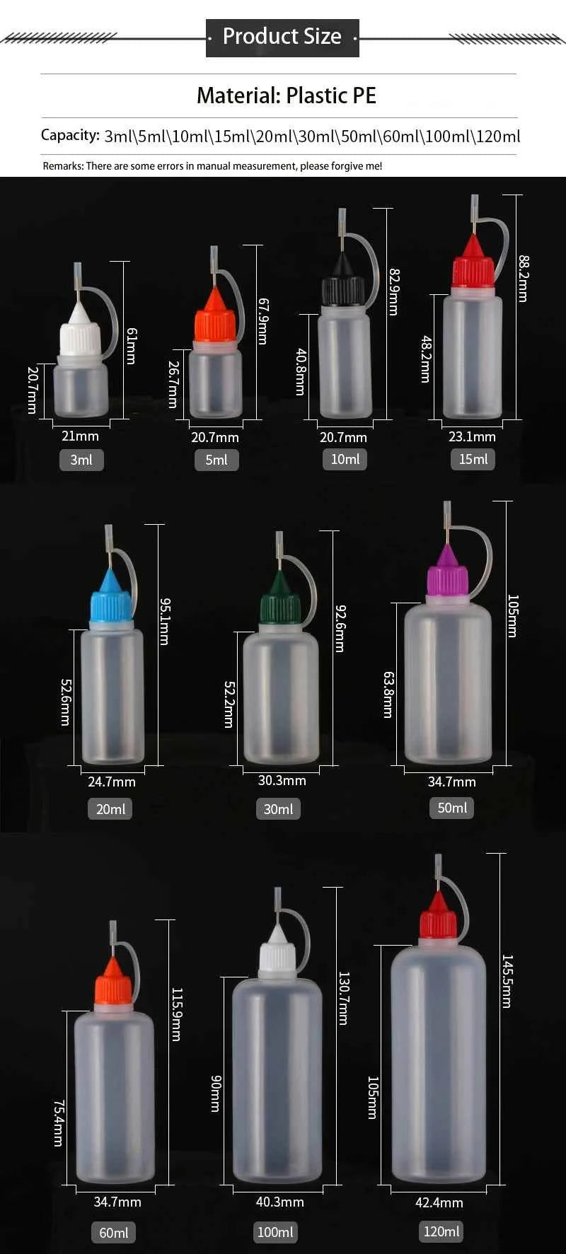 5Pcs 3ml 5ml 10ml 15ml 30ml 50ml 100ml 120ml Empty Plastic Squeezable Needle Tip Cap Dropper Bottles Eye Liquid Juice Containers
