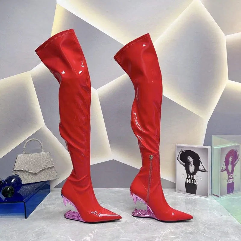 Women's Pointed Tiger Teeth Heel Knee High Elastic Boots Fashionable Over-the-Knee Super High Heel Banquet Show Shoes Autumn Winter