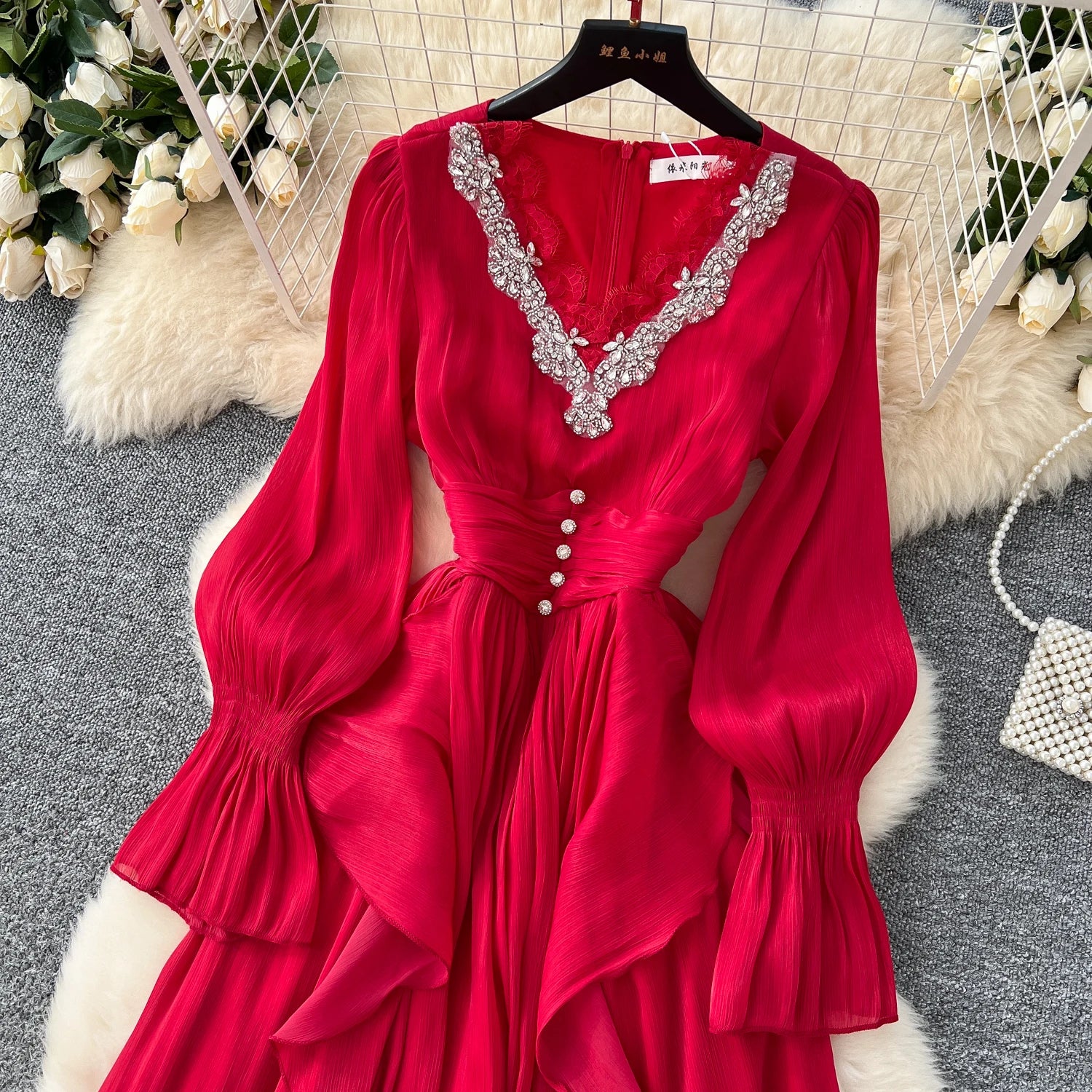 Spring Autumn Women Party Long Dress Elegant Female Red/Purple/Beige/Black Diamonds Patchwork Ruffle A-Line Maxi Vestidos New