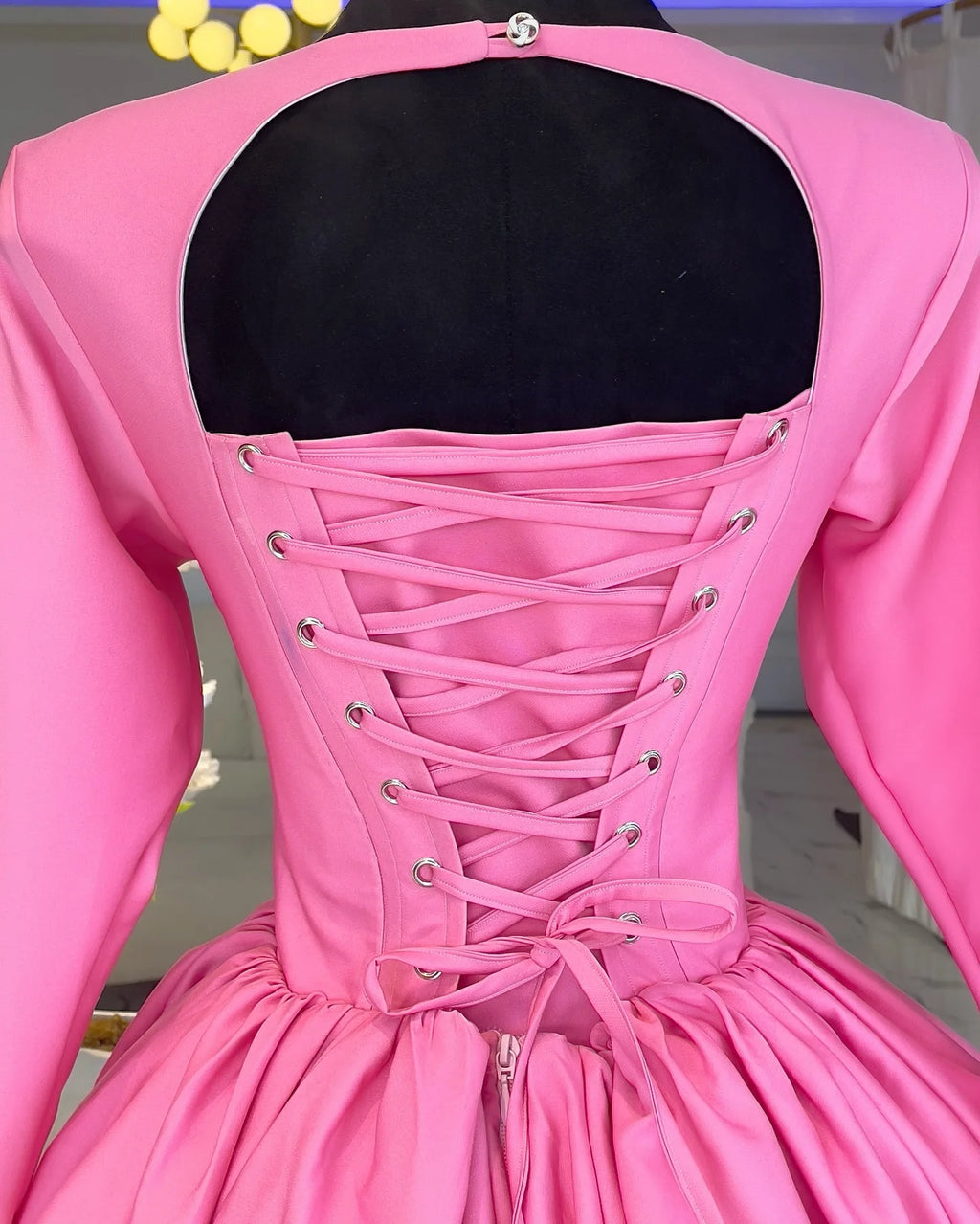 Elegant Pink A-Line Dress for Women - Pleated Round Neck, High Waist, Perfect for Parties and Weddings