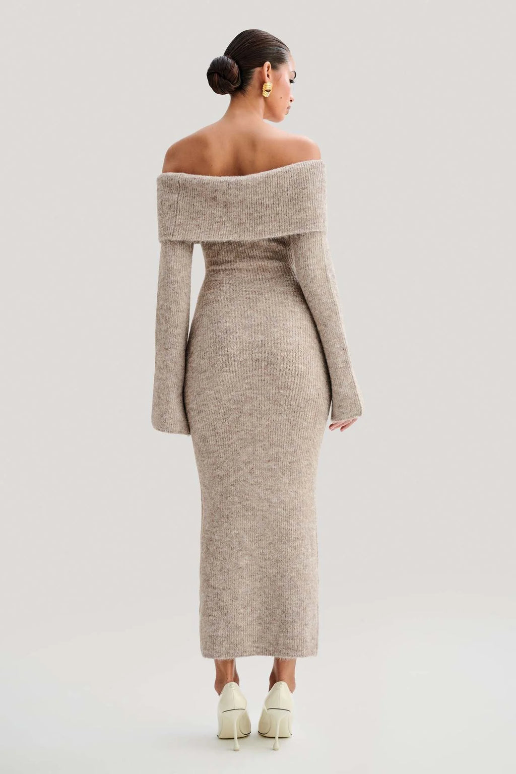 Luxury Fluffy Solid Knitted Off Shoulder Midi Dress Women 2024 Fall Winter Elegant Bodycon Flared Long Sleeve Sweater Long Dress