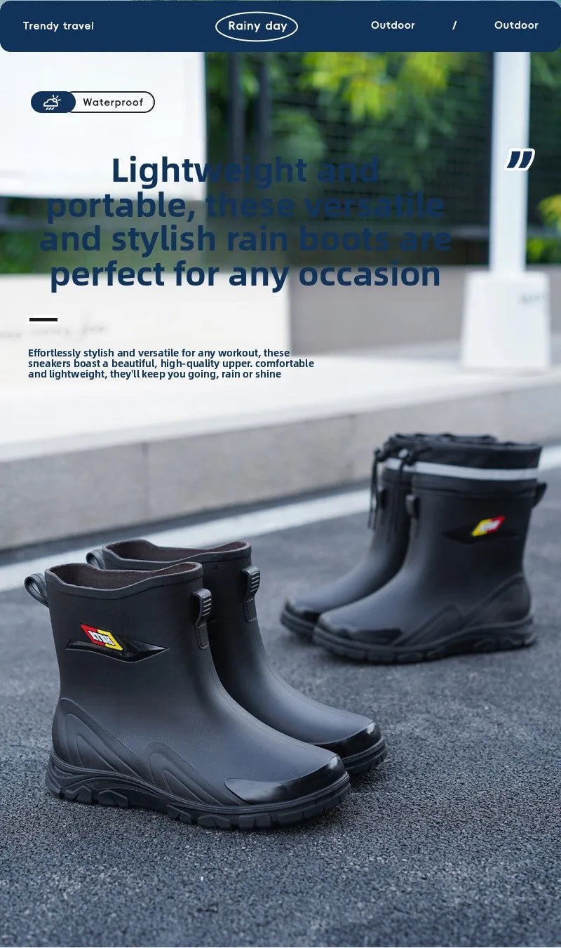 Men's Fleece Lined Tied Mouth Waterproof Outdoor Rain Boots Anti-slip Kitchen Work Rubber Shoes Warm Booties Plastic Material