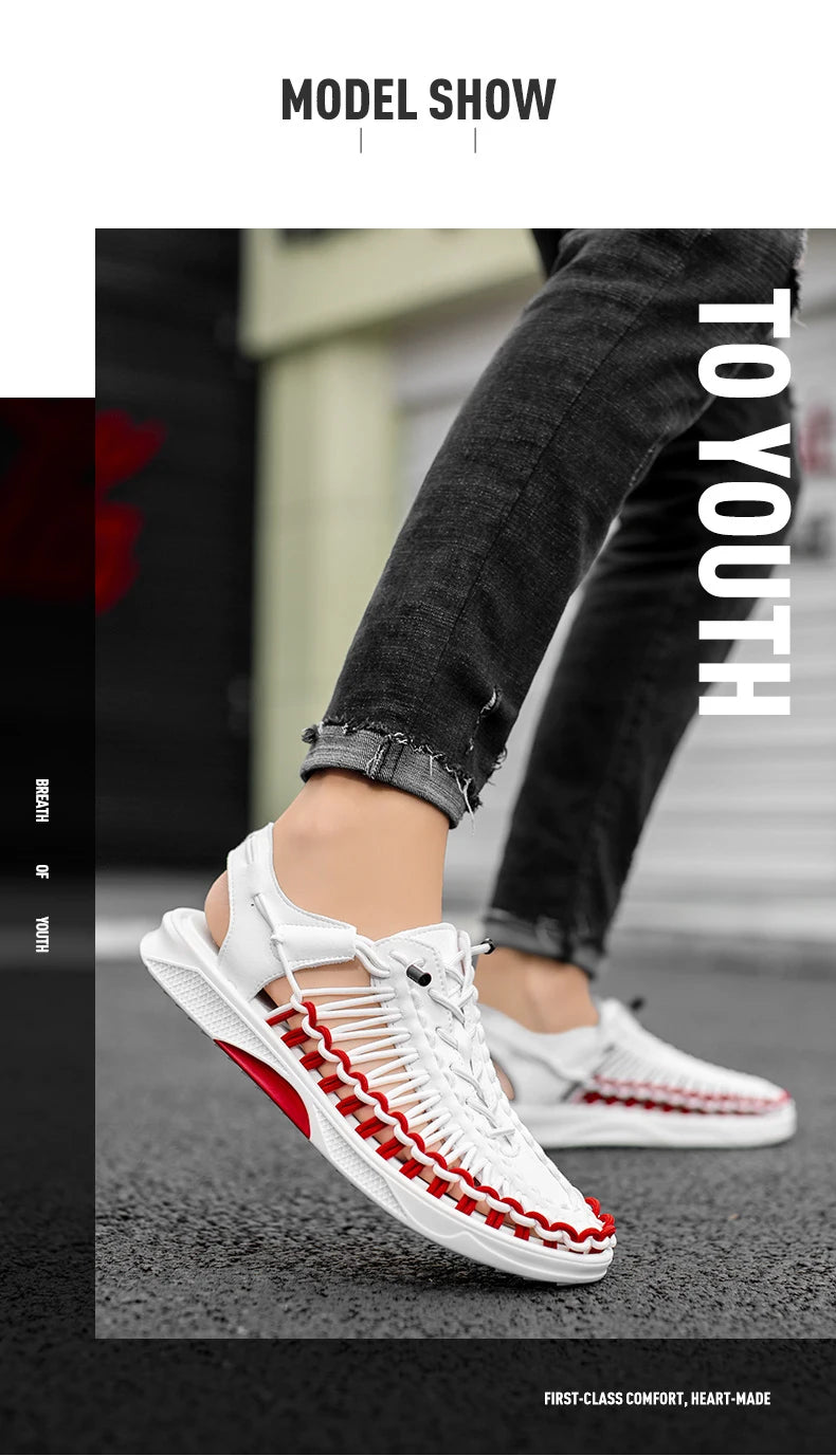 2023 Summer Men's  Sandals Lace Up Hand Woven Sandals Thick Soled Soft Non Slip Casual Shoes High Quality Couple Beach Shoes