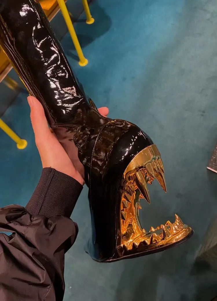 Women's Pointed Tiger Teeth Heel Knee High Elastic Boots Fashionable Over-the-Knee Super High Heel Banquet Show Shoes Autumn Winter