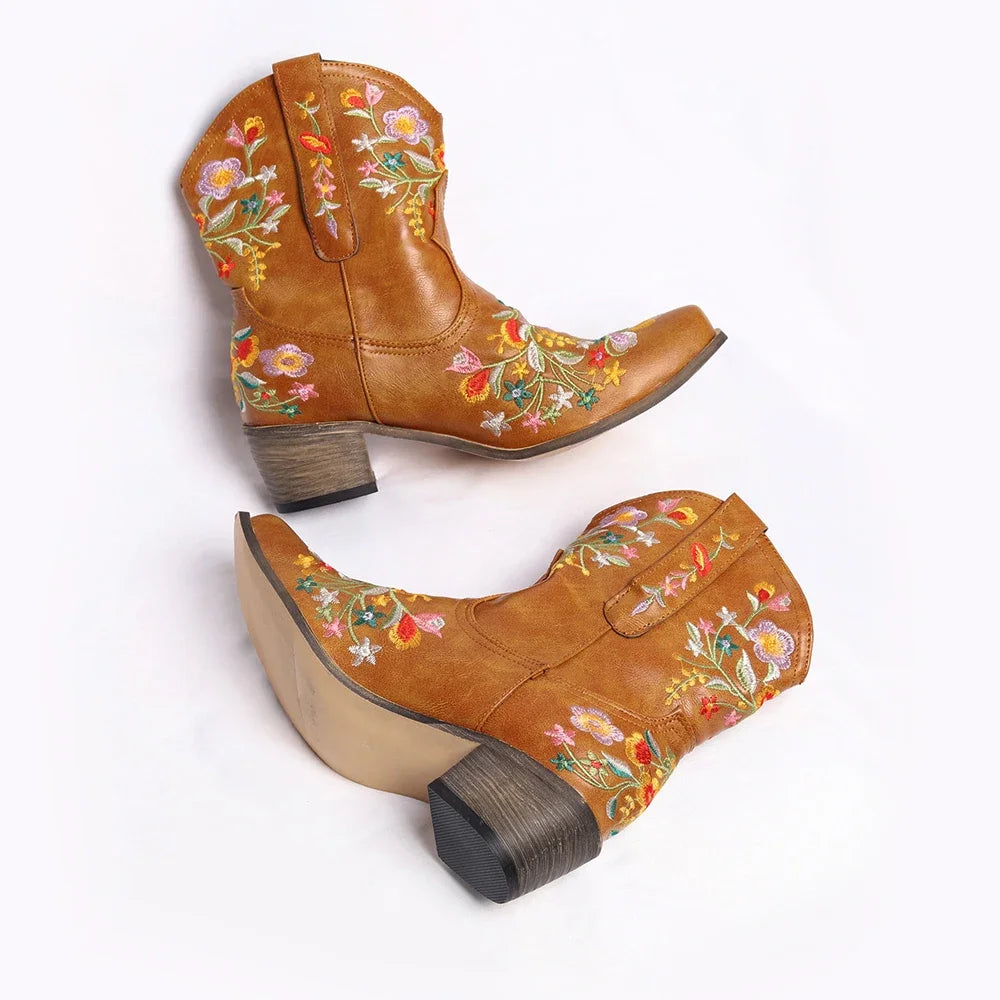 Women Cowboy Boots Luxury Embroidery Pointed Toe Winter Boots Ladies Shoes Comfortable Designer Botas Outdoor Skidproof Wearable