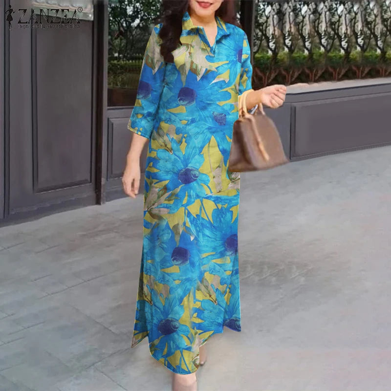 ZANZEA Floral Print Maxi Dress with Slit Hem & 3/4 Sleeves - Effortless Chic for 2024 Commute