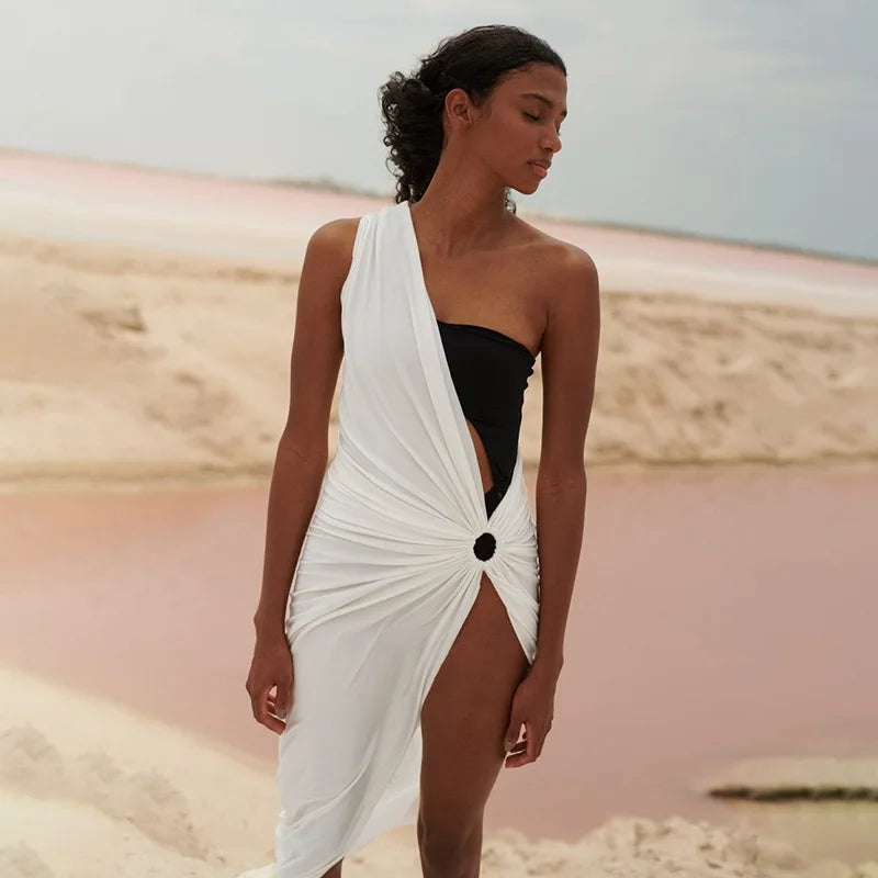 Women's One-Shoulder Asymmetric Beach Dress – Midi Bikini Cover-Up