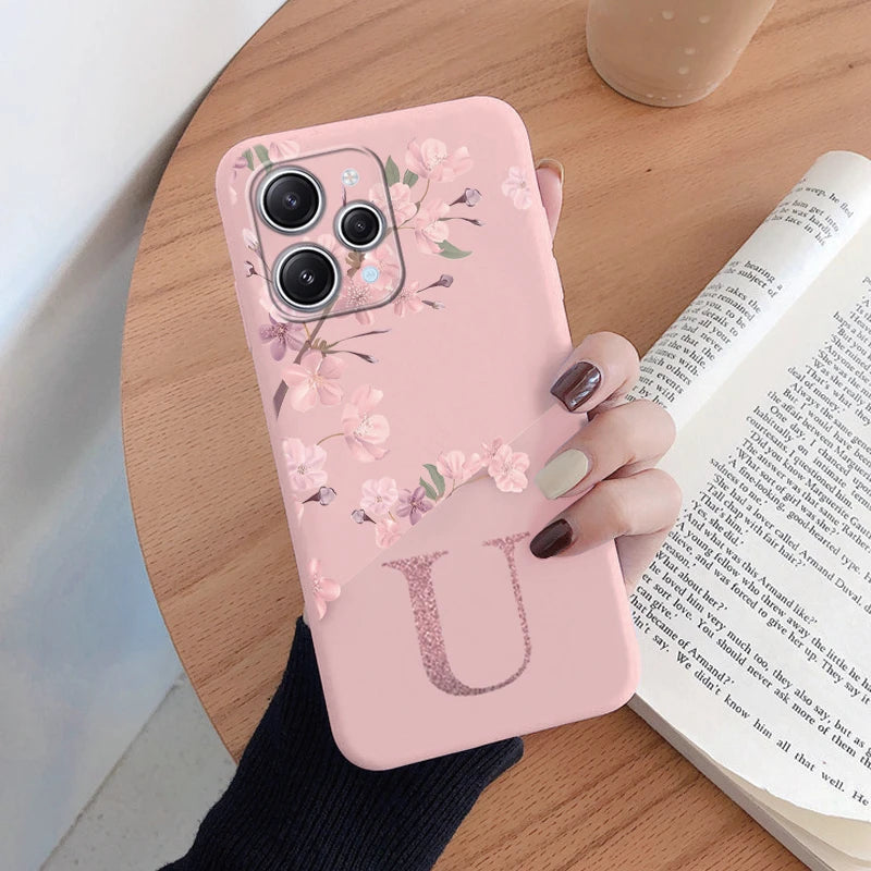 Redmi 12 Note 14 Pro Silicone Phone Case - Pink Floral Design with Personalized Initial A-Z - Stylish & Protective Cover
