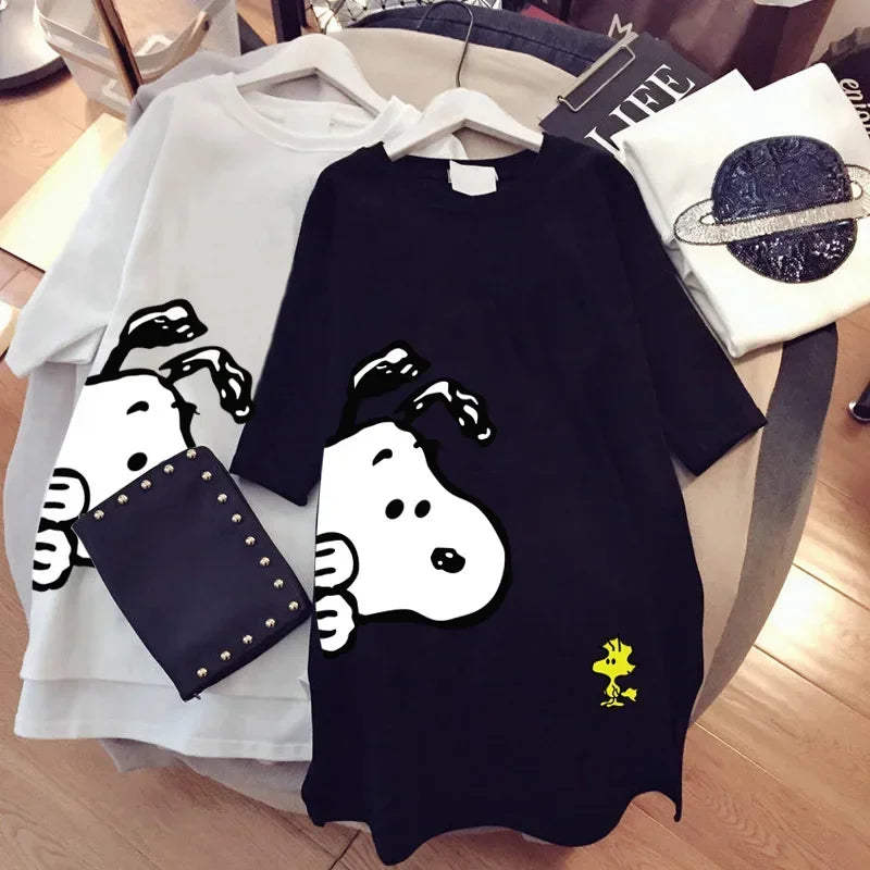 new Snoopy women's loose large version top summer short-sleeved t-shirt women's cotton mid-length cartoon women