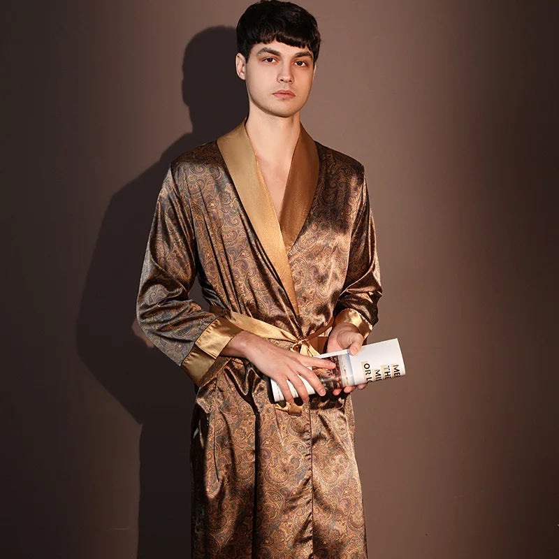 Men's Thin Bathrobe High Quality Nightrobes One-Piece Robe Male Loungewear Gents Spring and Autumn New Ice Silk Printed Pajamas