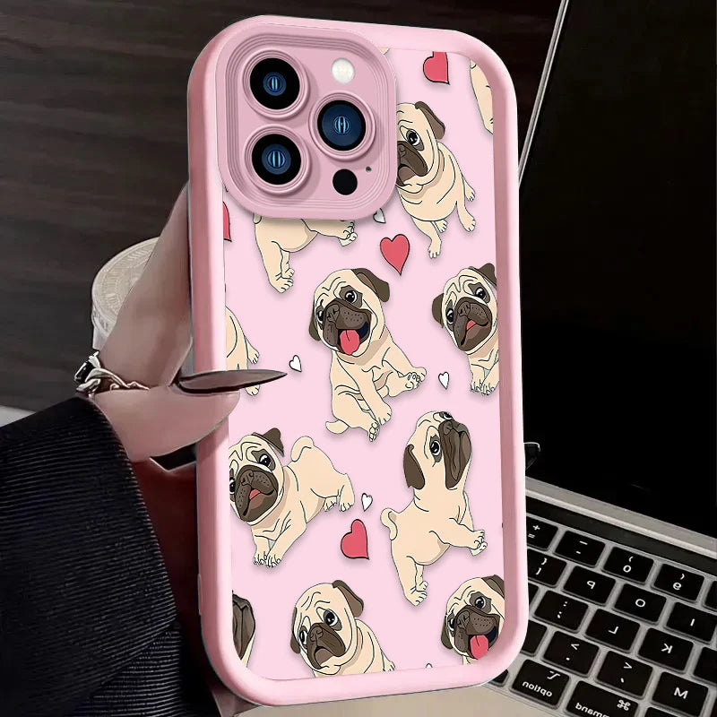 Cute Glasses Pug Dog Case For iPhone 16E 16 15 14 13 12 11 Pro Max X XS X S Max XR SE 2020 7 8 Plus Shockproof Silicone Funda
