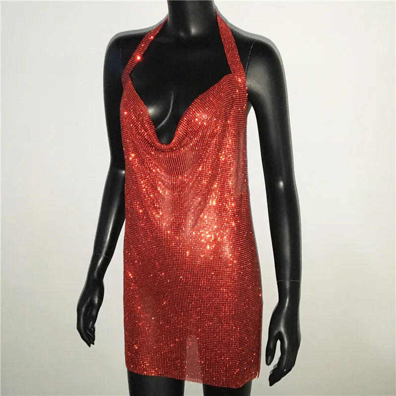 Bling Backless Rhinestone Dress - Sexy Deep V Neck, Sleeveless, Side Split Halter for Nightclub & Party