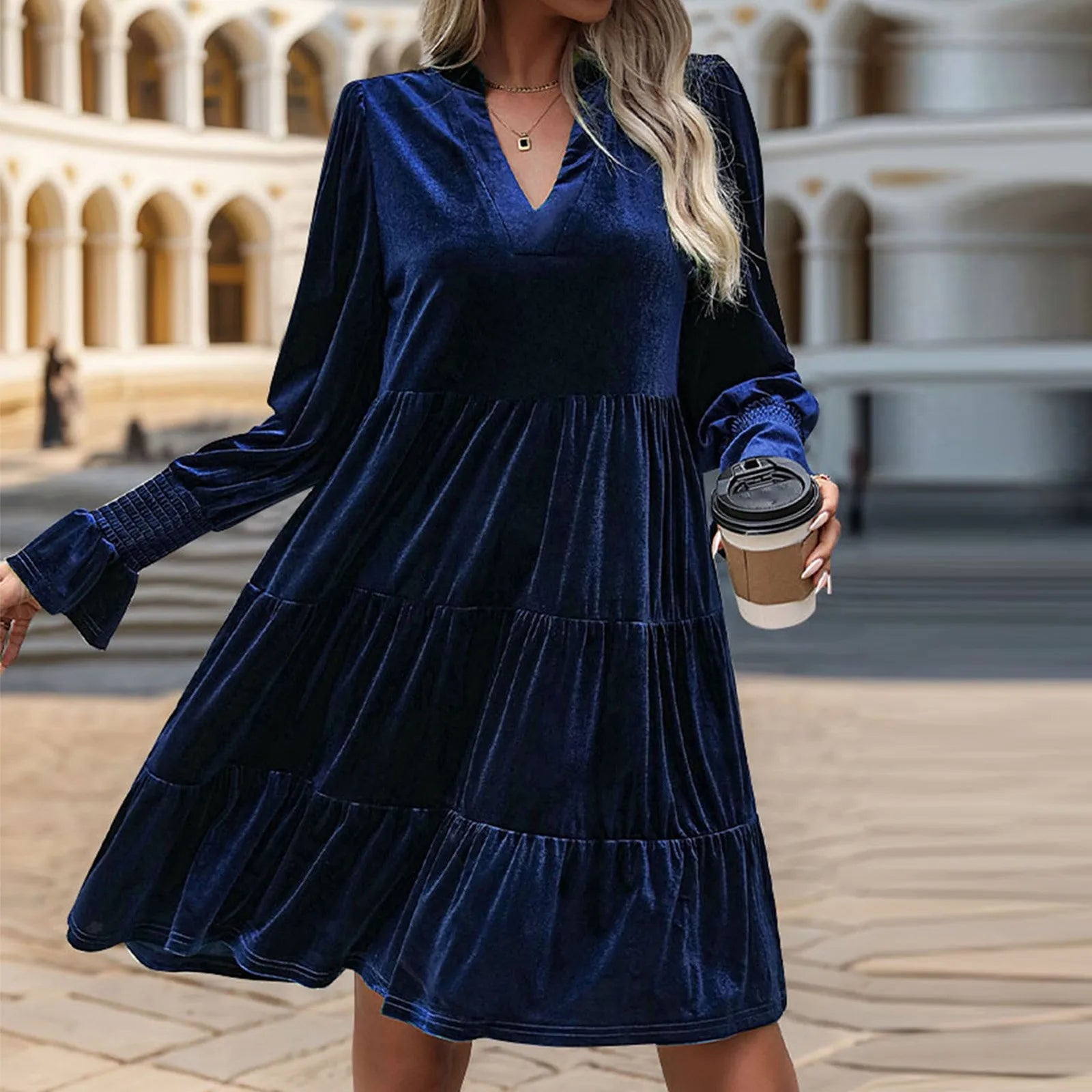 Elegant Vogue Velvet Midi Dress - Long Sleeve V-Neck, High Waist, Chic Style for Evening Parties & Christmas Celebrations