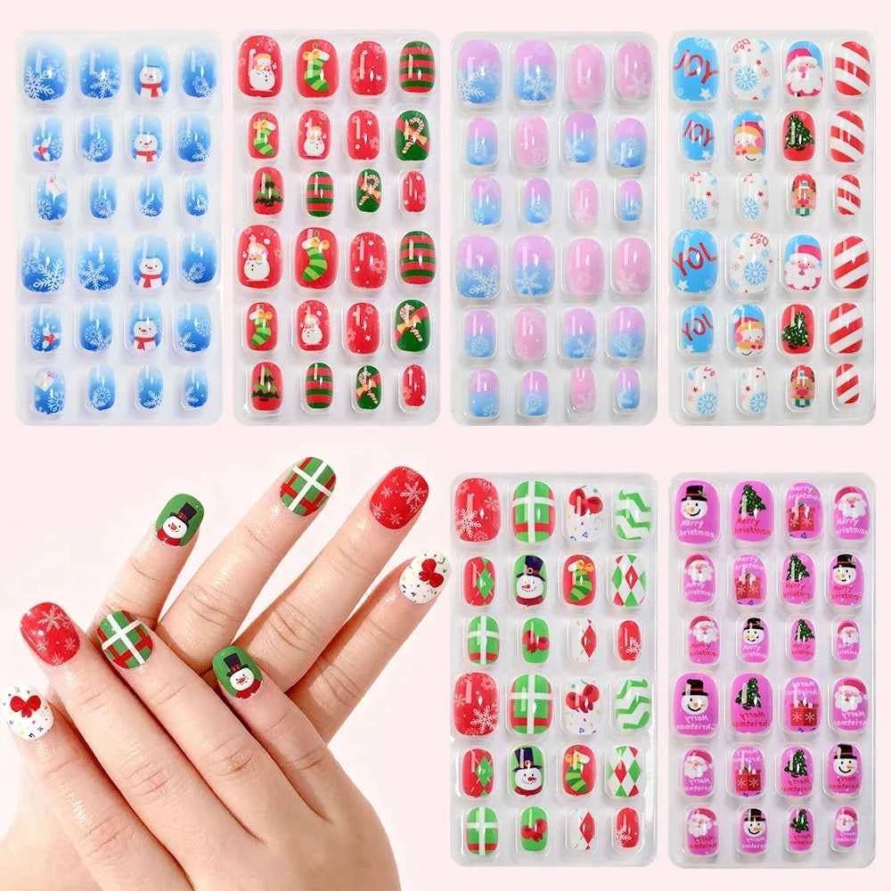 24pcs Princess Girls Christmas Press On Nails Candy Color Kawaii Christmas Tree Snowman False Nails New Year Children Fasle Nail