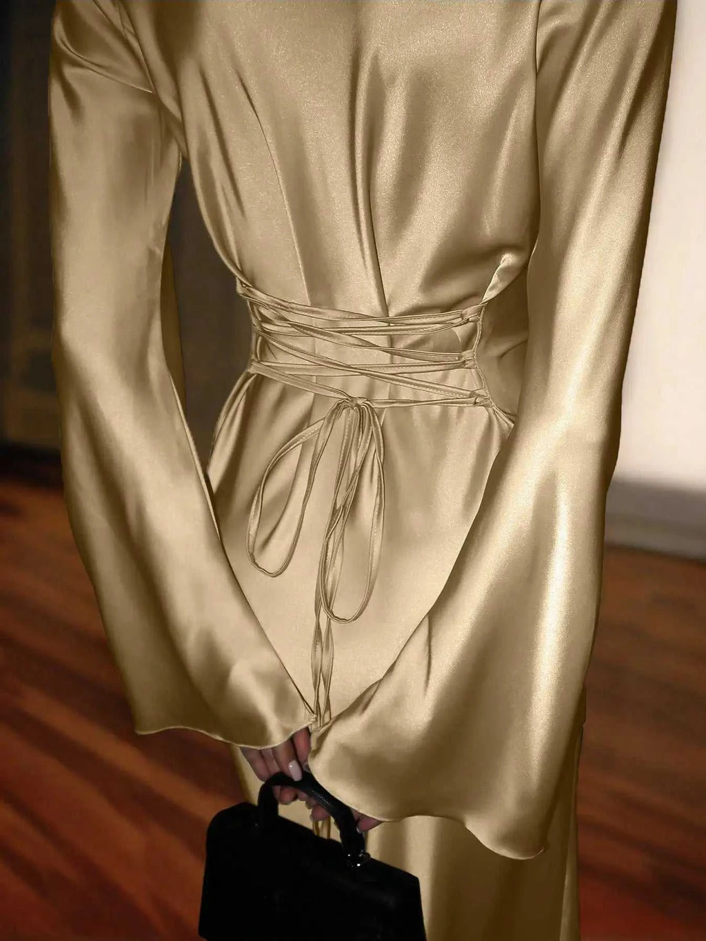 Women's Satin Maxi Dress – Corset Waist Tie, O-Neck & Flared Sleeves | Bohemian Evening Dress The jack market .AU The jack market .AU Woman Fashion Dress $ 70 14:1052;5:4182