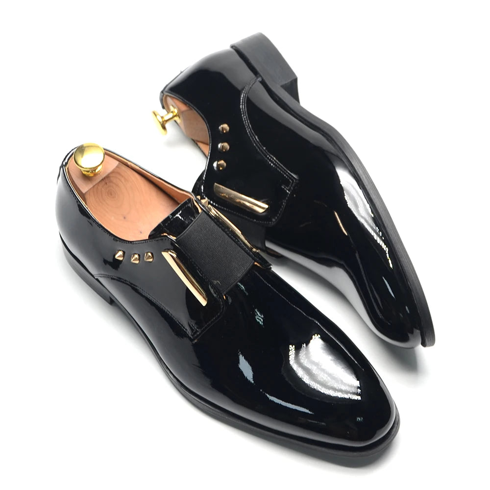 Luxury Men's Party Evening Dress Shoes 2024 Natural Cowhide Patent Leather Gold Rivets Suits Loafers Elastic Band Slip-on Derby