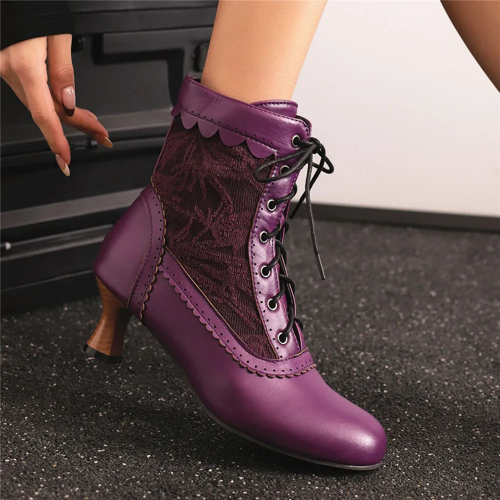 2025 New Lace Up Ladies High Heel Shoes Strange Steampunk Boot Victorian Ankle Boots Women Pointed Toe Thick Soled Short Boots