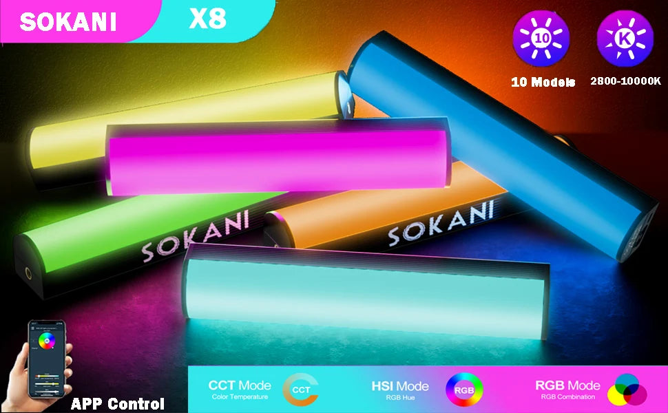 Sokani X25 X8 X15 Handheld RGB Colorful Stick Light LED Light Wand CRI 95+ 2800K-10000K 3000mAh APP Control For YouTube Tiktok