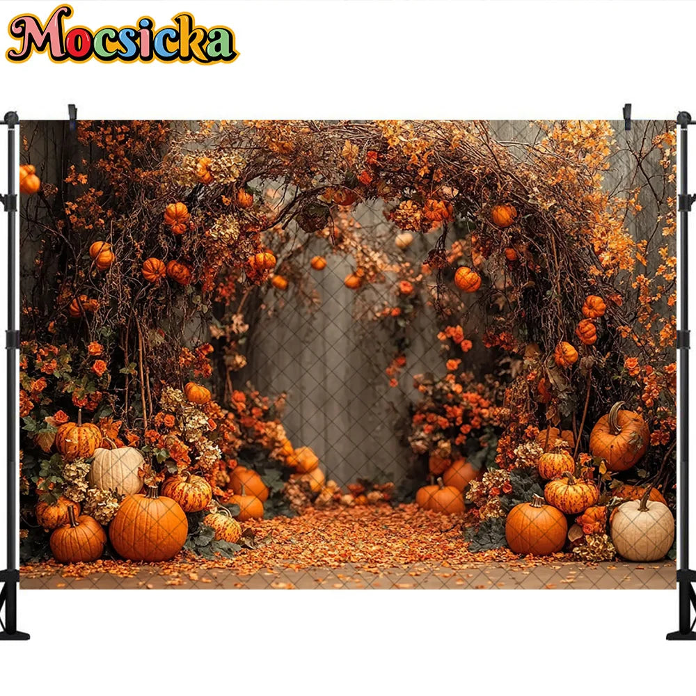 Mocsicka Photography Backdrop Autumn Pumpkin Maple Leaves Decoration Fall Portraits Photo Supplies Backgrounds For Photographs