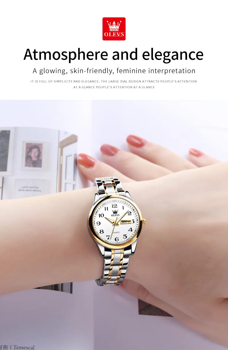 OLEVS Elegant Women's Quartz Watch - Luminous, Waterproof Stainless Steel Dress Wristwatch with Week & Date Display