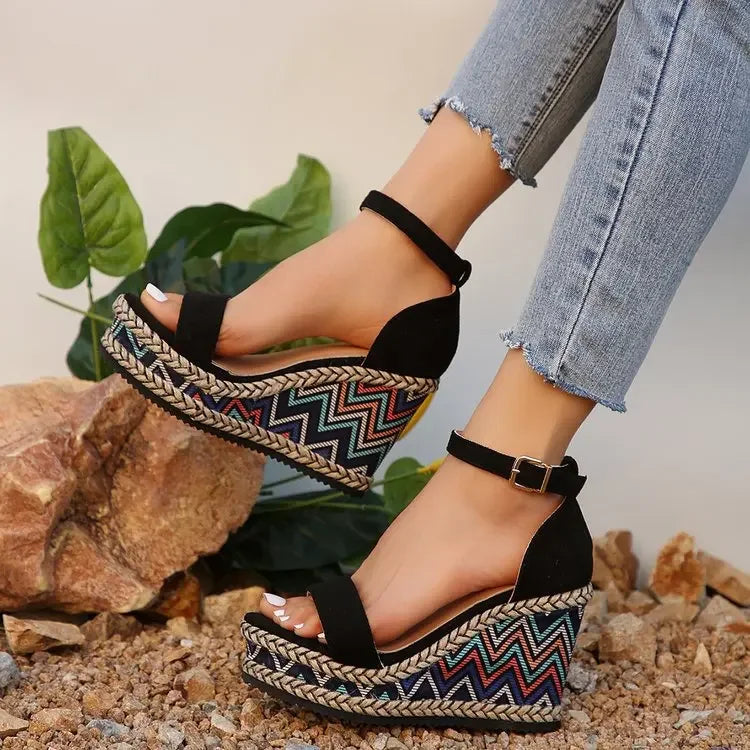 Summer New European and American Fashion Simple Ethnic Style Slope Heel Sandals with One Button High Heel Women's Shoes 2025
