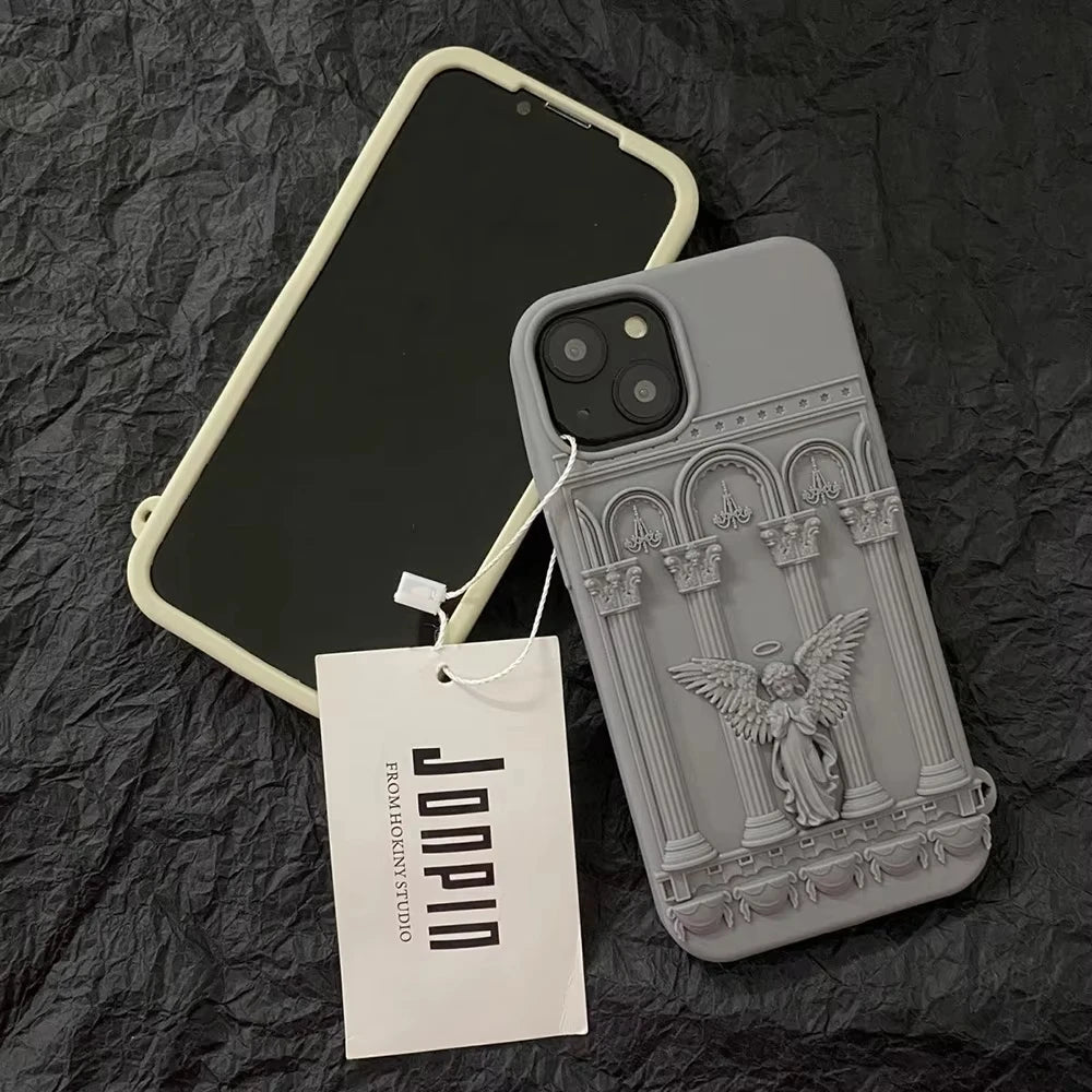 Retro Artwork 3D Angel Statue Phone Case For Iphone 16 15 14 13 12 Pro Max Literature Trendy Silicone Shockproof Soft Back Cover