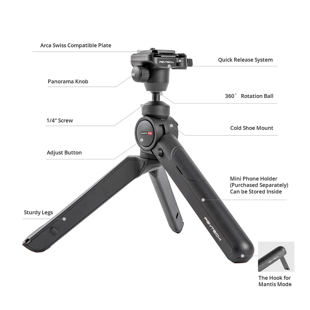 PGYTECH MANTISPOD 2.0 Bluetooth Mini Camera Vlogging Tripod|6 Modes Small Travel Flexible DSLR Pocket Stand With Remote Control