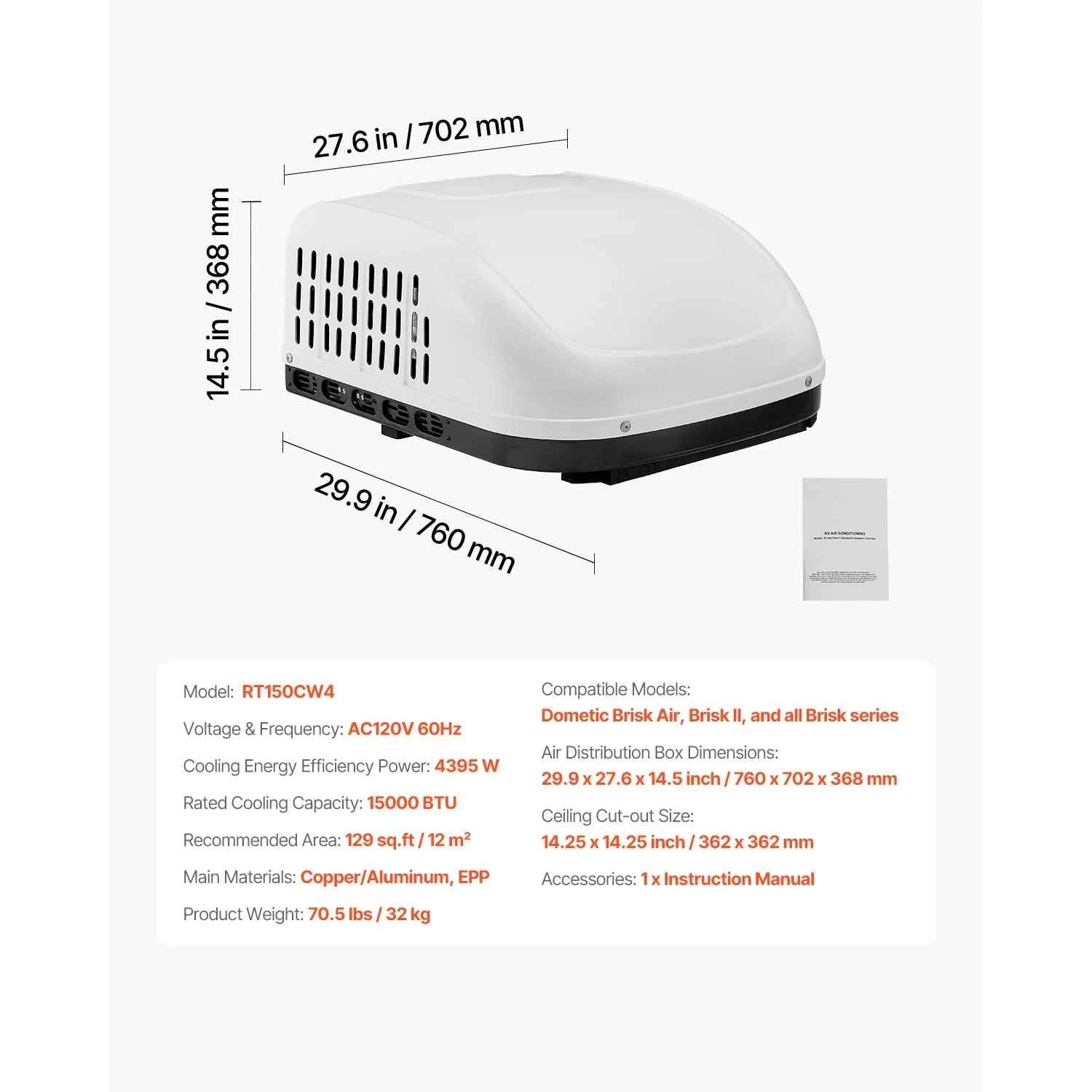 SucceBuy RV Air Conditioner 13500/15000 BTU Non-Ducted Rooftop RV AC 65dB Air conditioning System Fit for Camper, Van, Trailers