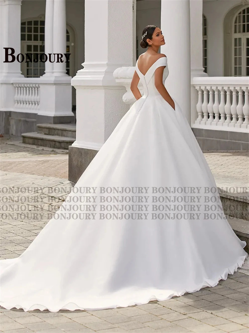 BONJOURY V-neck Satin Wedding Dress with Pockets & Chapel Train for Confident Brides