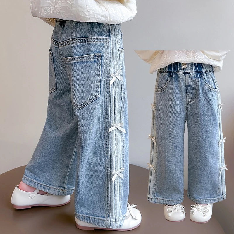 Stylish Girls Bow Jeans Spring and Autumn 2025 New Baby Girl Casual Denim Straight Pants Children's Elastic Waist Trousers