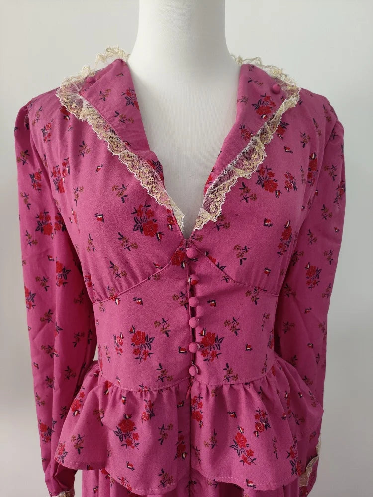 Rose Red Flower Autumn Long Sleeve French Vintage Dress V-neck Waist Cinched Slimming Ruffle Large Swing Long Dress for Women