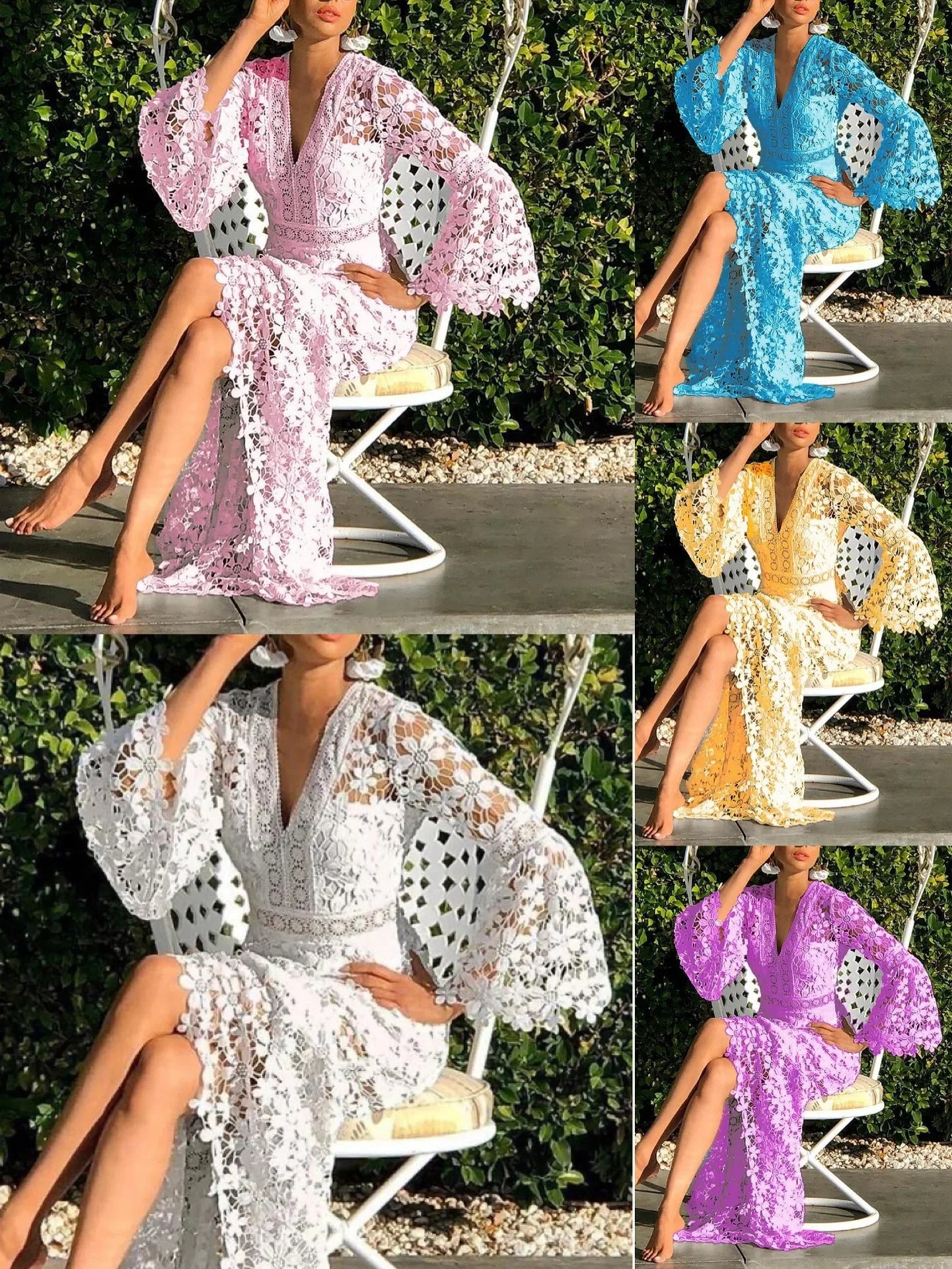 See Through Hollow Out Sexy Long Dresses Summer Dress for Women Long Sleeve V-Neck Lace Dress Loose Bohemian Loose Beach Smock